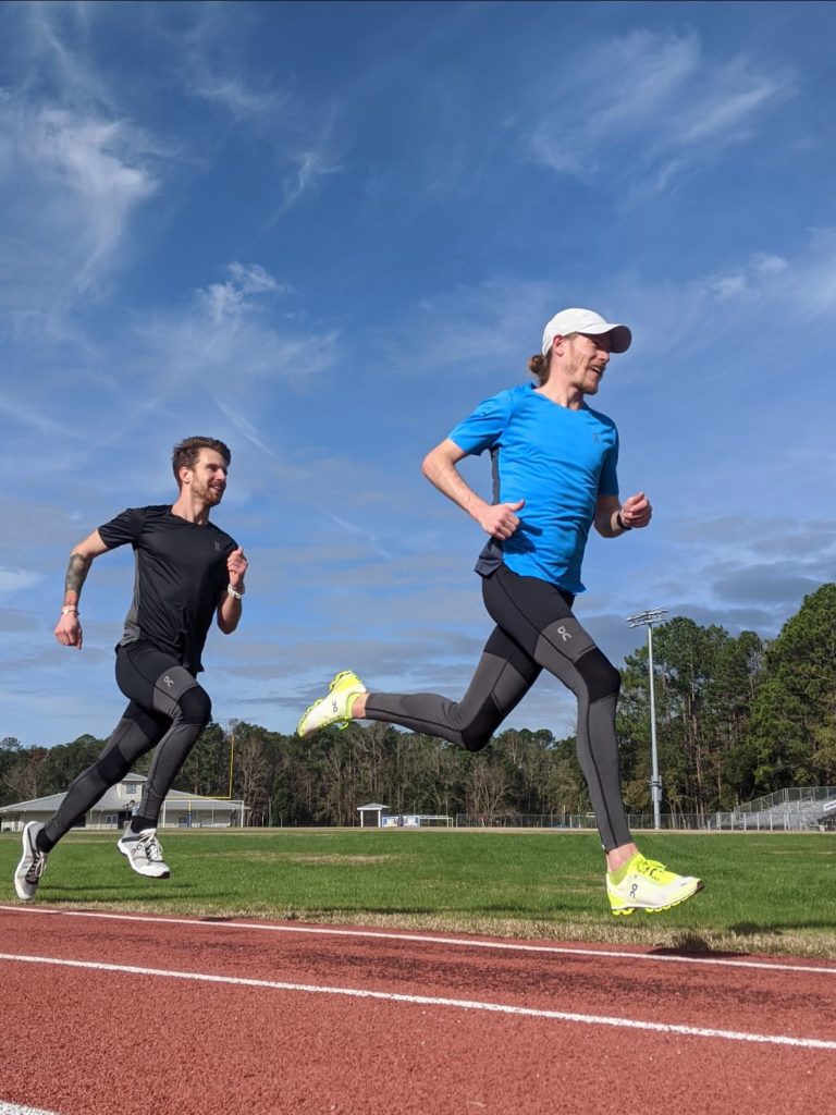 Tyler and Matt wearing tights during winter running.