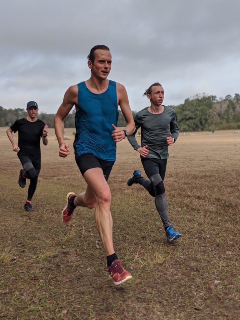 Joe running cross country to improve his marathon training plan.