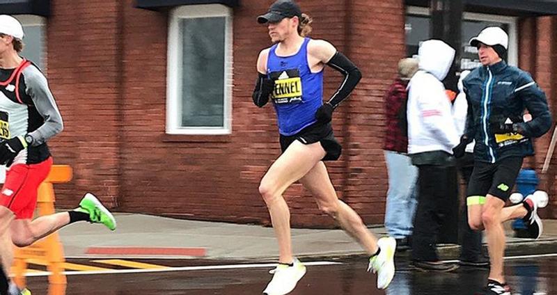 Tyler racing to a 4th place finish on Boston Marathon course in 2018.
